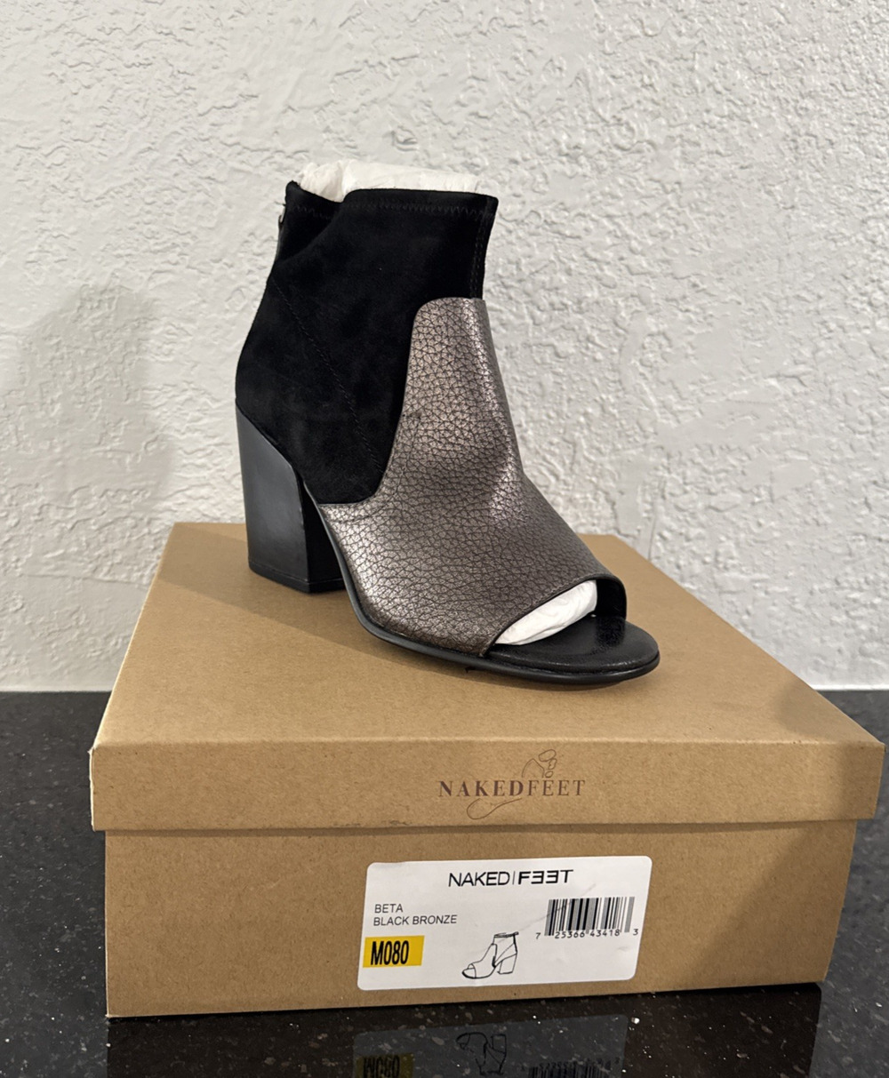 Naked Feet Womens Beta Bootie Leather/Suede Upper Block Heel Peep Toe 8M Black